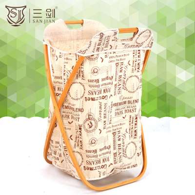 Bamboo Wooden Foldable Laundry Basket with Beautiful Printing Bag